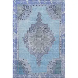 Photo of Blue And Gray Oriental Washable Area Rug With UV Protection