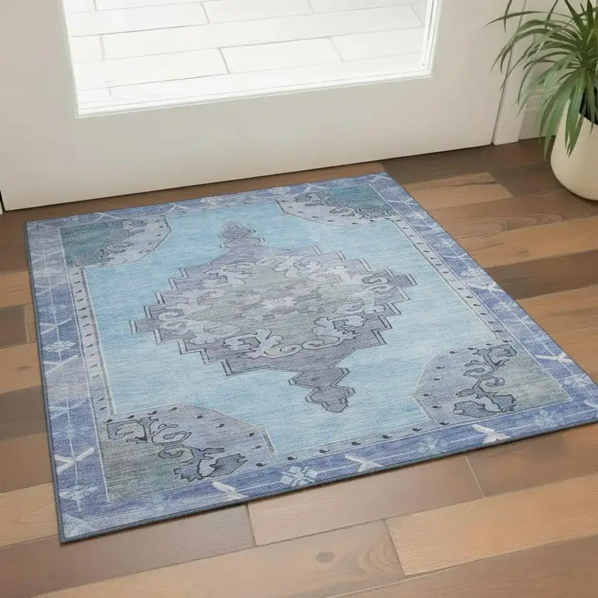 Blue And Gray Oriental Washable Area Rug With UV Protection Photo 2