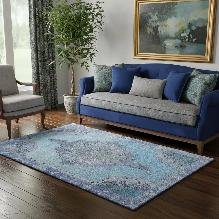 Blue And Gray Oriental Washable Area Rug With UV Protection Photo 2