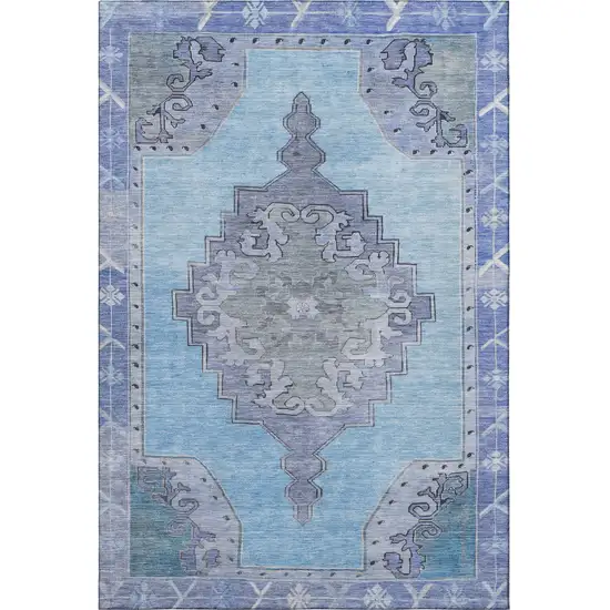 Blue And Gray Oriental Washable Area Rug With UV Protection Photo 3