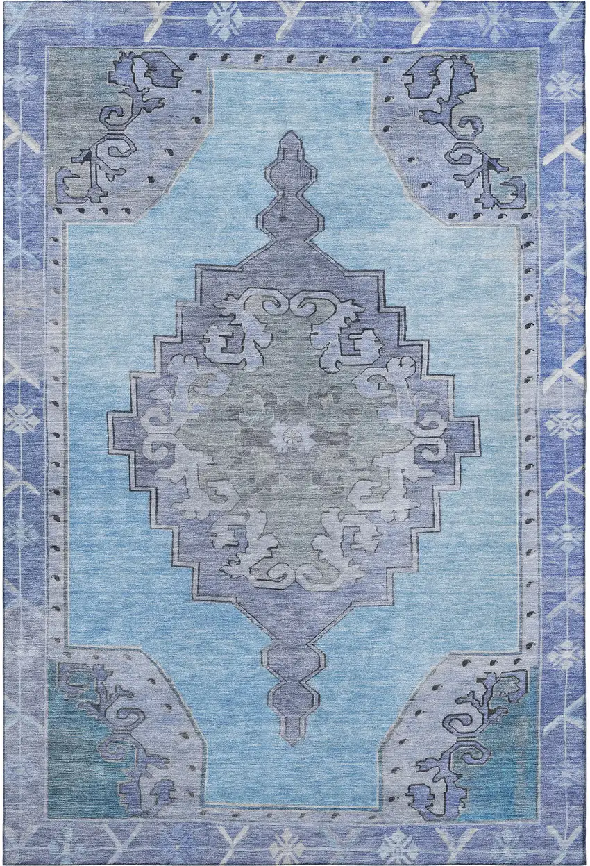 Blue And Gray Oriental Washable Area Rug With UV Protection Photo 3
