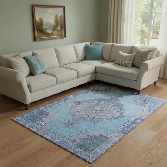 Blue And Gray Oriental Washable Area Rug With UV Protection Photo 2