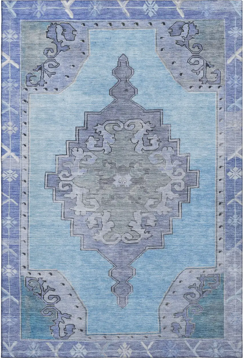 Blue And Gray Oriental Washable Area Rug With UV Protection Photo 1