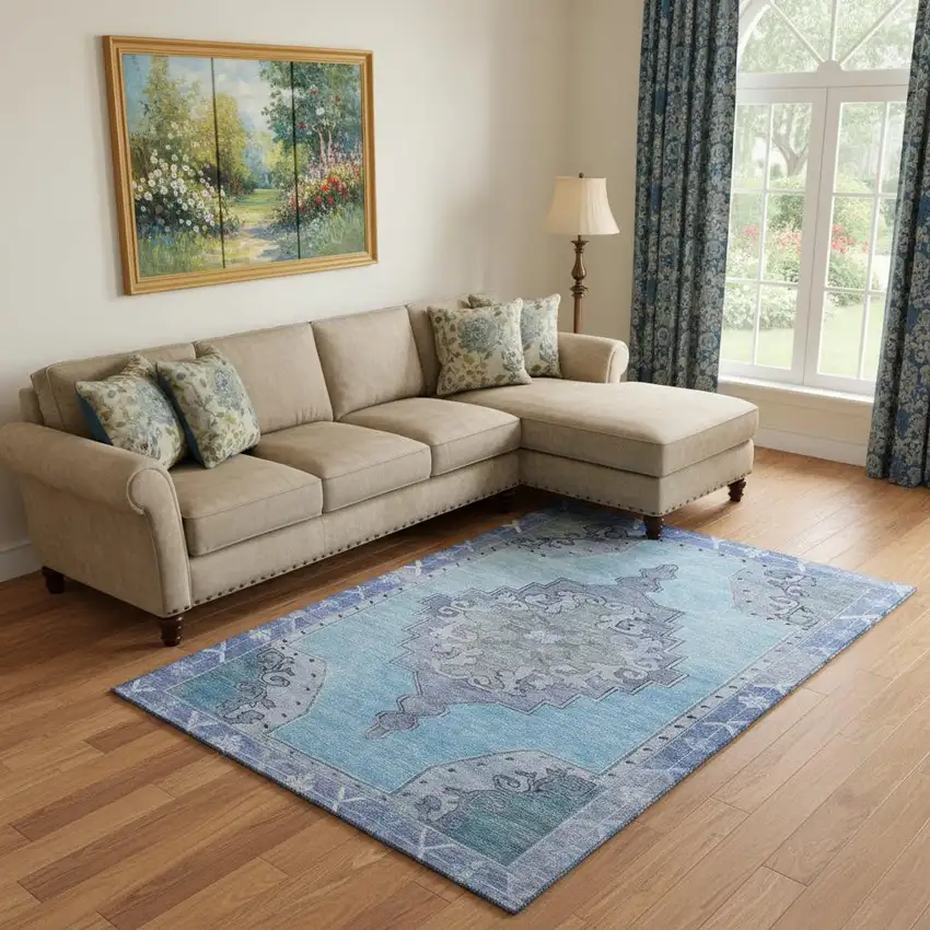 Blue And Gray Oriental Washable Area Rug With UV Protection Photo 2
