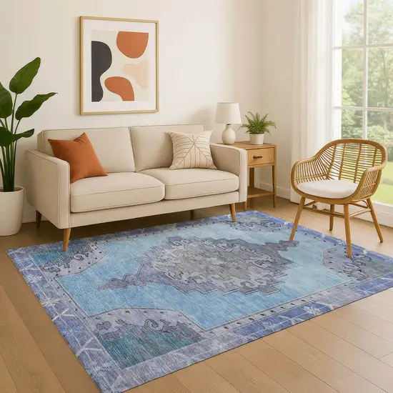 Blue And Gray Oriental Washable Area Rug With UV Protection Photo 4