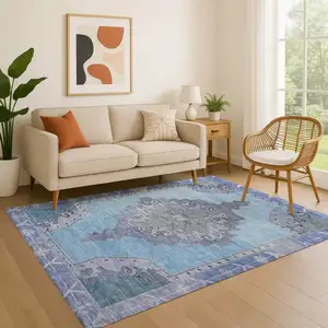 Photo of Blue And Gray Oriental Washable Area Rug With UV Protection