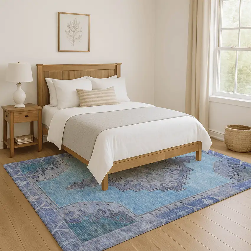 Blue And Gray Oriental Washable Area Rug With UV Protection Photo 5