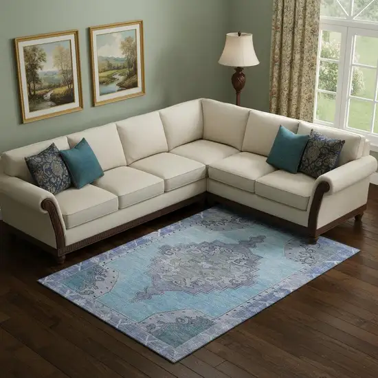 Blue And Gray Oriental Washable Area Rug With UV Protection Photo 2