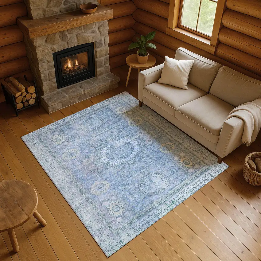 Blue And Gray Oriental Washable Area Rug With UV Protection Photo 4