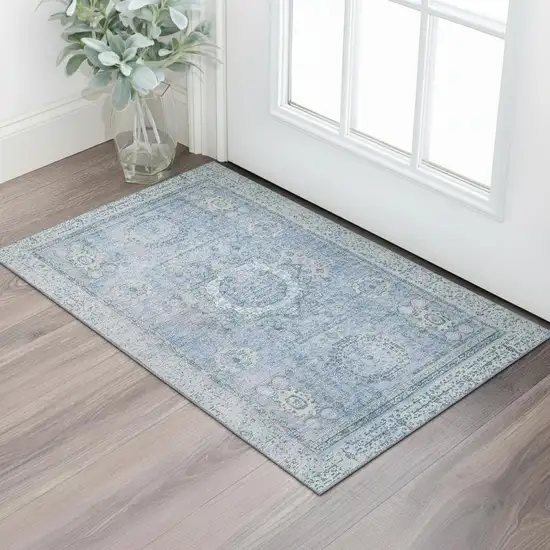 Blue And Gray Oriental Washable Area Rug With UV Protection Photo 2