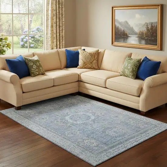 Blue And Gray Oriental Washable Area Rug With UV Protection Photo 2