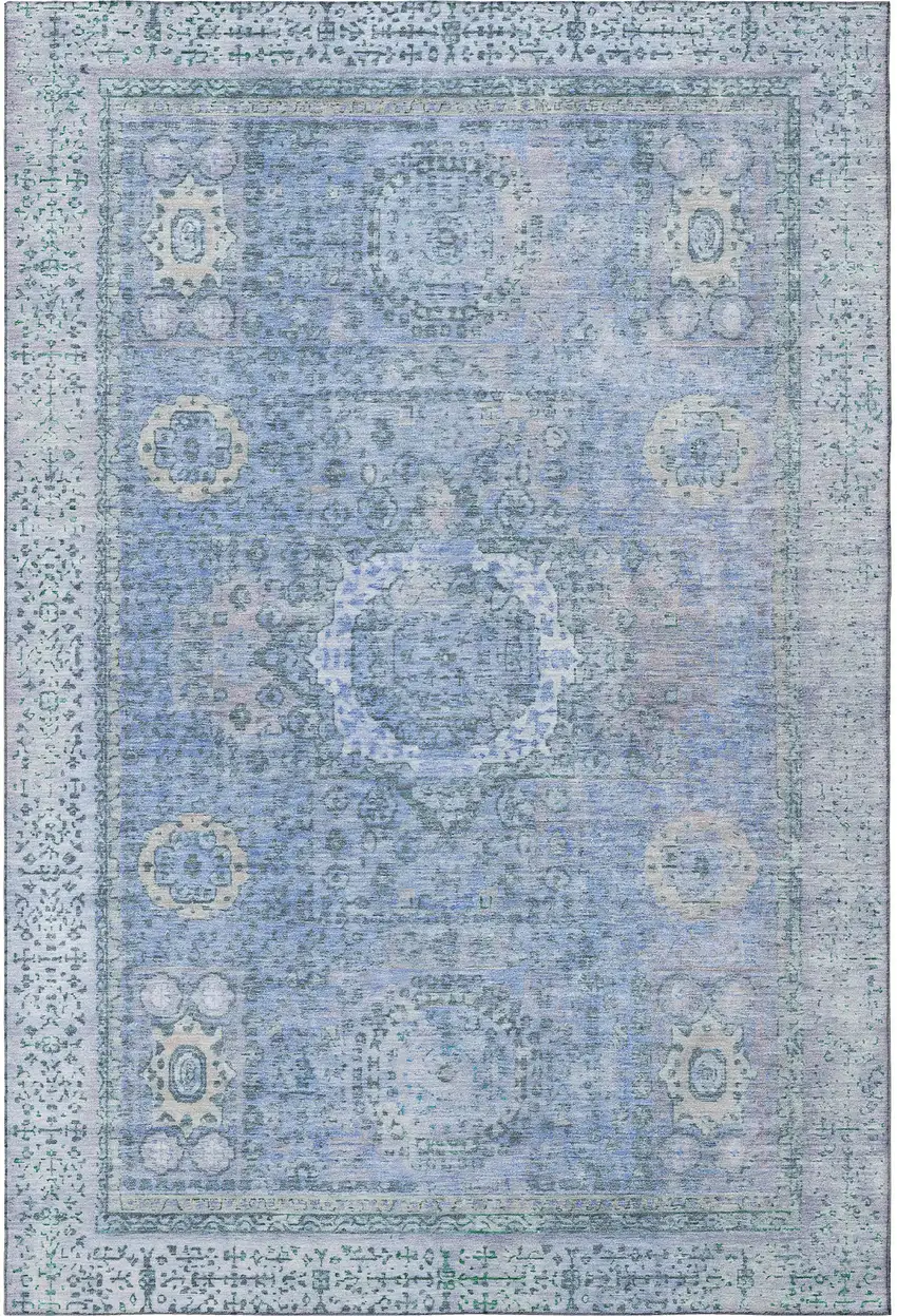 Blue And Gray Oriental Washable Area Rug With UV Protection Photo 3