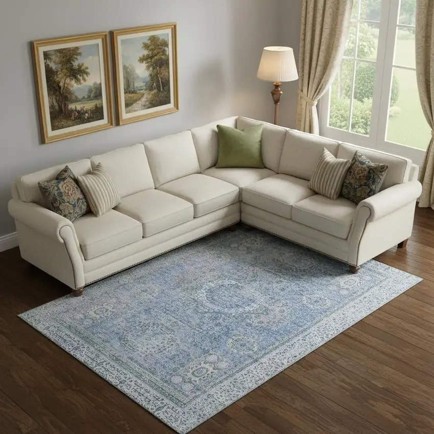 Blue And Gray Oriental Washable Area Rug With UV Protection Photo 2