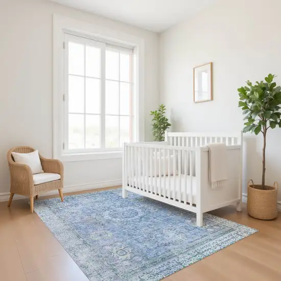Blue And Gray Oriental Washable Area Rug With UV Protection Photo 5