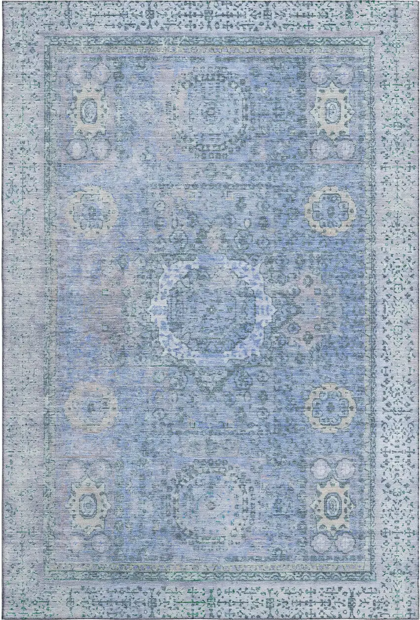 Blue And Gray Oriental Washable Area Rug With UV Protection Photo 1