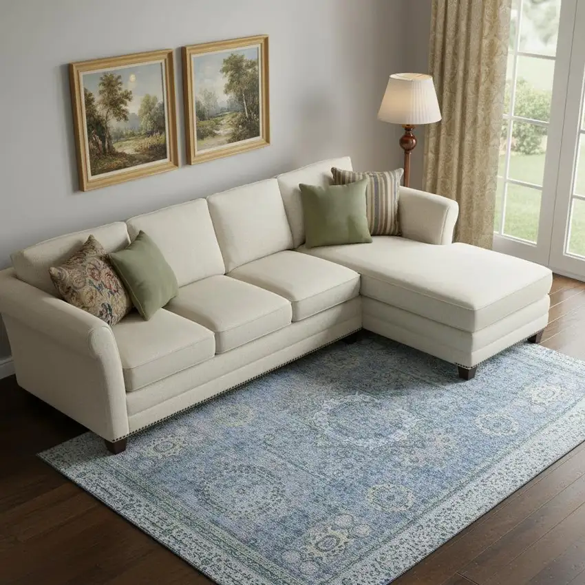 Blue And Gray Oriental Washable Area Rug With UV Protection Photo 2