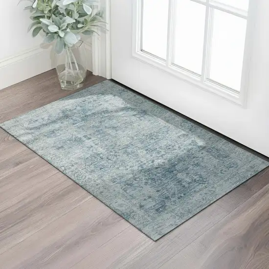 Blue And Gray Oriental Washable Area Rug With UV Protection Photo 2