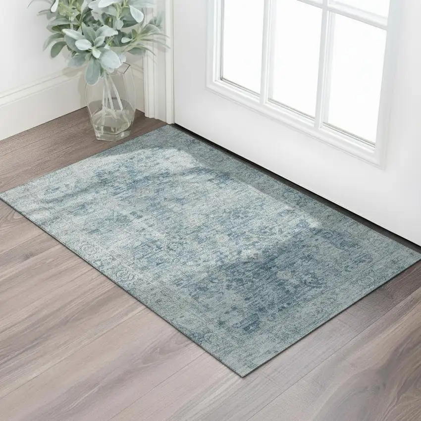 Blue And Gray Oriental Washable Area Rug With UV Protection Photo 2