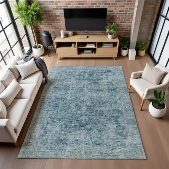 Blue And Gray Oriental Washable Area Rug With UV Protection Photo 5