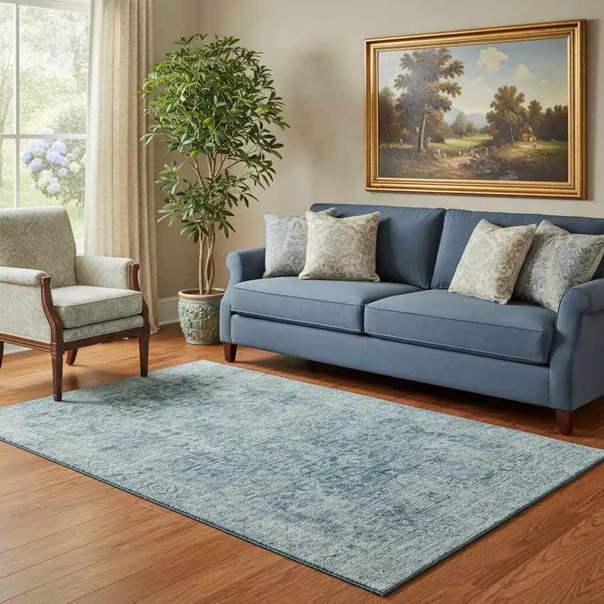 Blue And Gray Oriental Washable Area Rug With UV Protection Photo 2
