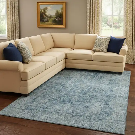 Blue And Gray Oriental Washable Area Rug With UV Protection Photo 2