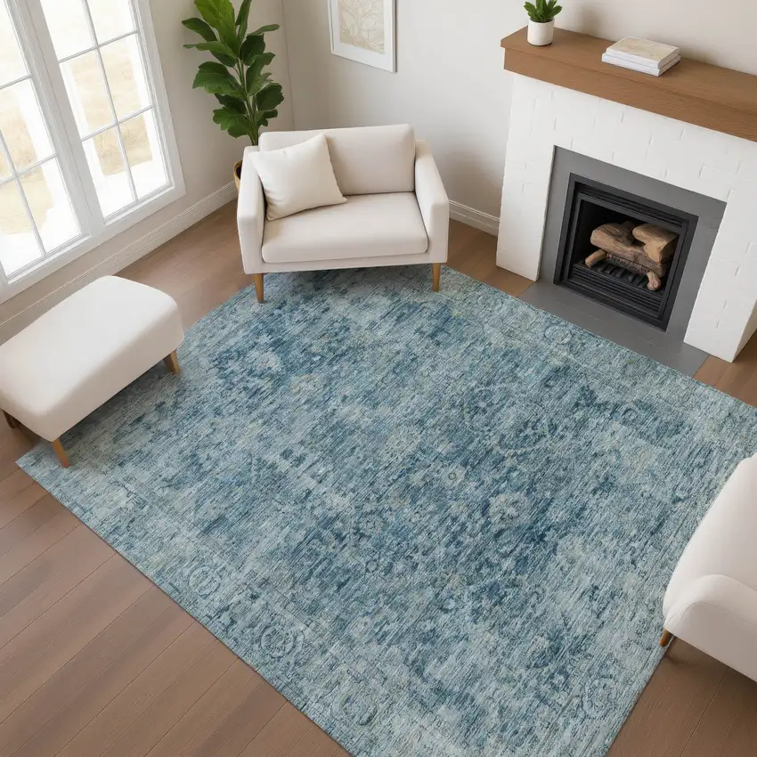 Blue And Gray Oriental Washable Area Rug With UV Protection Photo 4