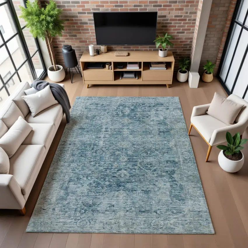 Blue And Gray Oriental Washable Area Rug With UV Protection Photo 5