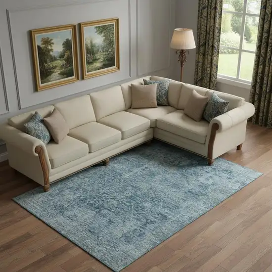 Blue And Gray Oriental Washable Area Rug With UV Protection Photo 2