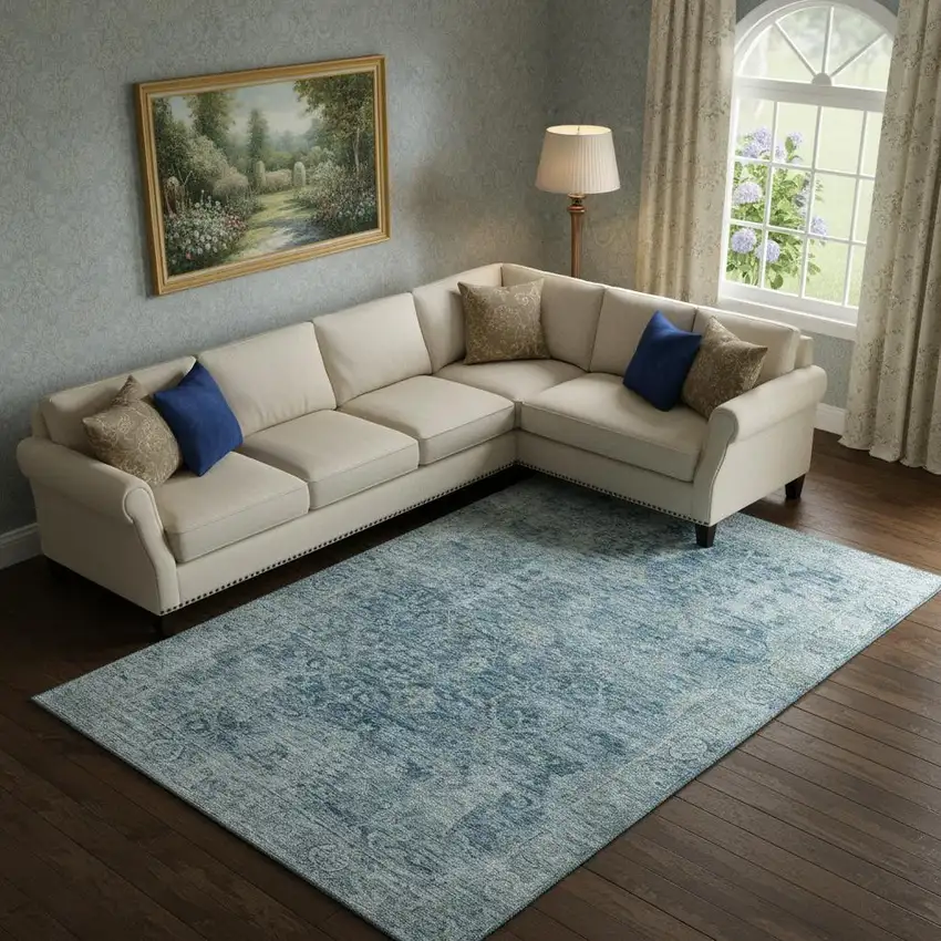 Blue And Gray Oriental Washable Area Rug With UV Protection Photo 2
