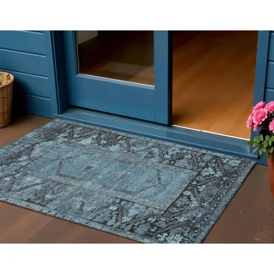 Blue And Gray Oriental Washable Indoor Outdoor Area Rug Photo 2