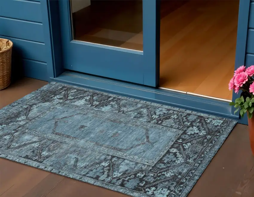 Blue And Gray Oriental Washable Indoor Outdoor Area Rug Photo 2