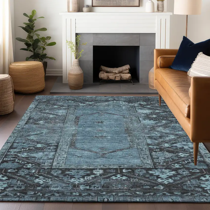 Blue And Gray Oriental Washable Indoor Outdoor Area Rug Photo 6