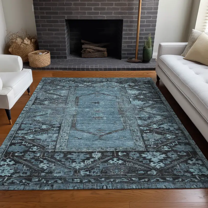 Blue And Gray Oriental Washable Indoor Outdoor Area Rug Photo 7