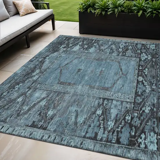 Blue And Gray Oriental Washable Indoor Outdoor Area Rug Photo 2