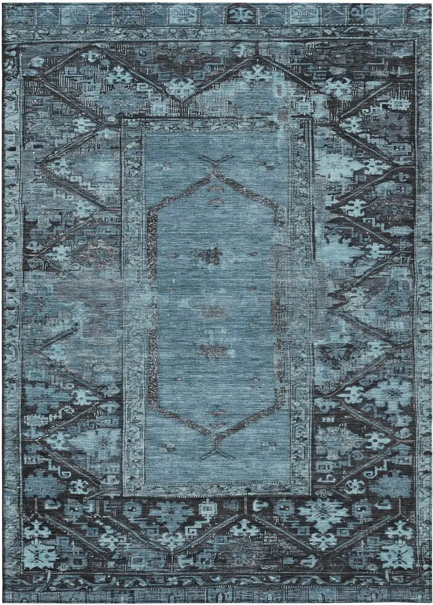 Blue And Gray Oriental Washable Indoor Outdoor Area Rug Photo 1
