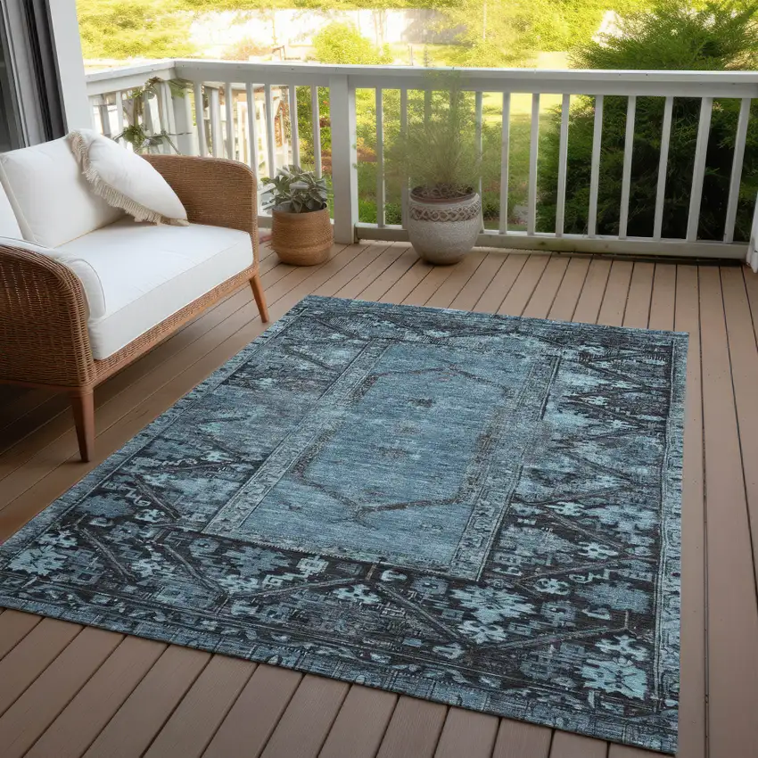 Blue And Gray Oriental Washable Indoor Outdoor Area Rug Photo 5