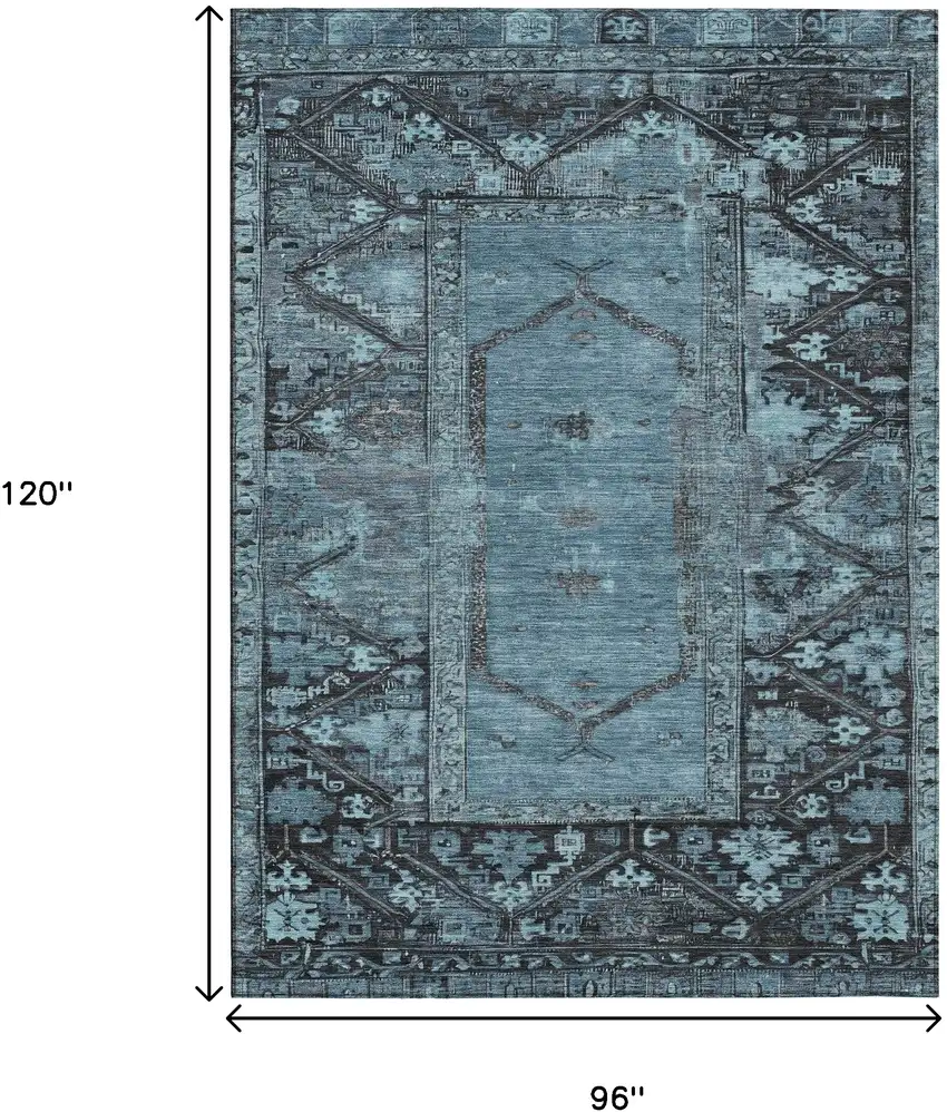 Blue And Gray Oriental Washable Indoor Outdoor Area Rug Photo 8