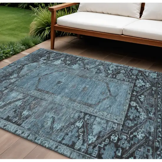 Blue And Gray Oriental Washable Indoor Outdoor Area Rug Photo 2