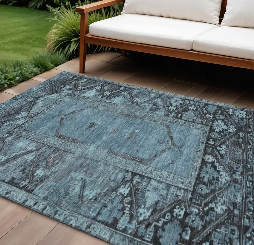Blue And Gray Oriental Washable Indoor Outdoor Area Rug Photo 2