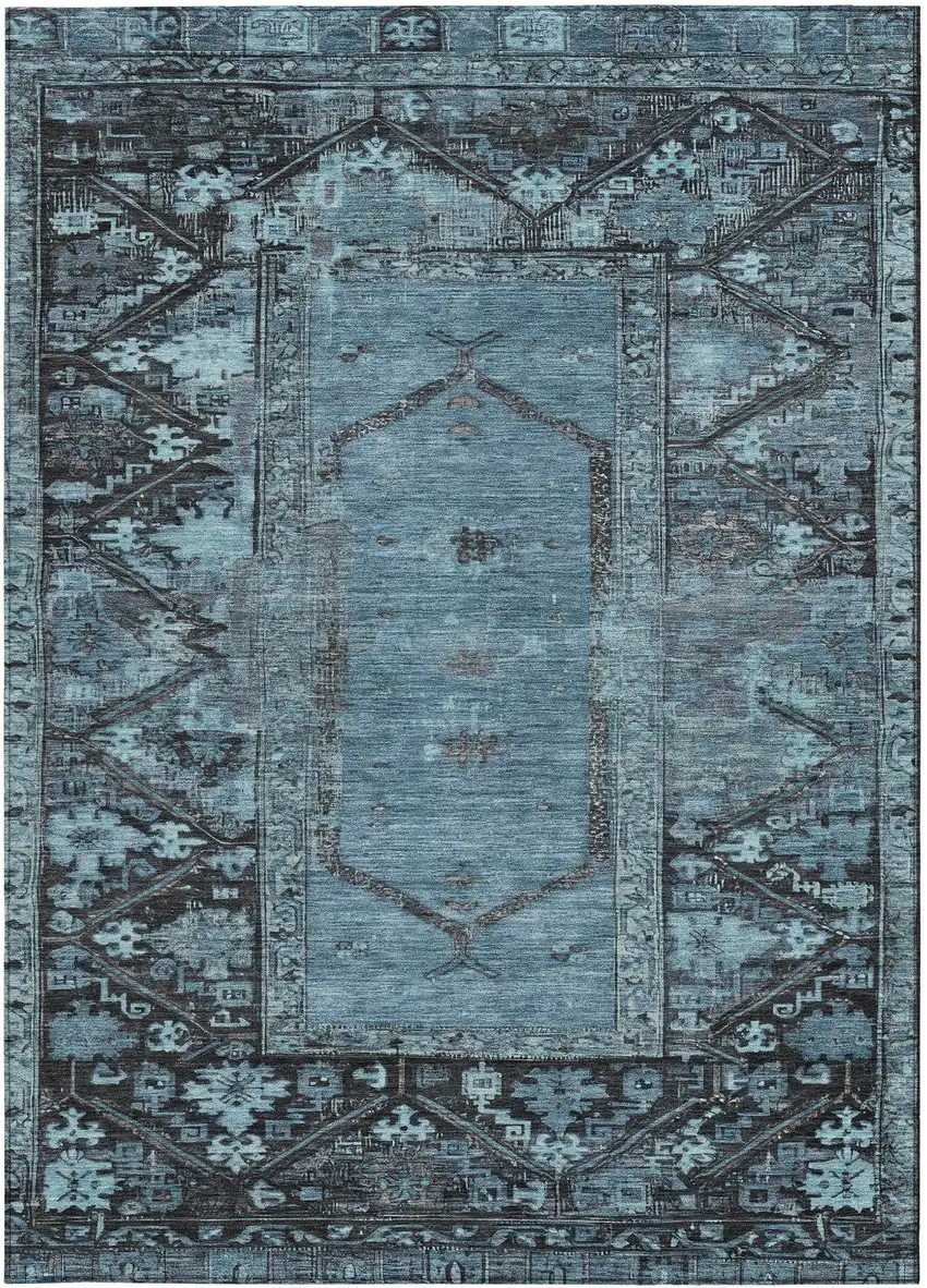 Blue And Gray Oriental Washable Indoor Outdoor Area Rug Photo 6