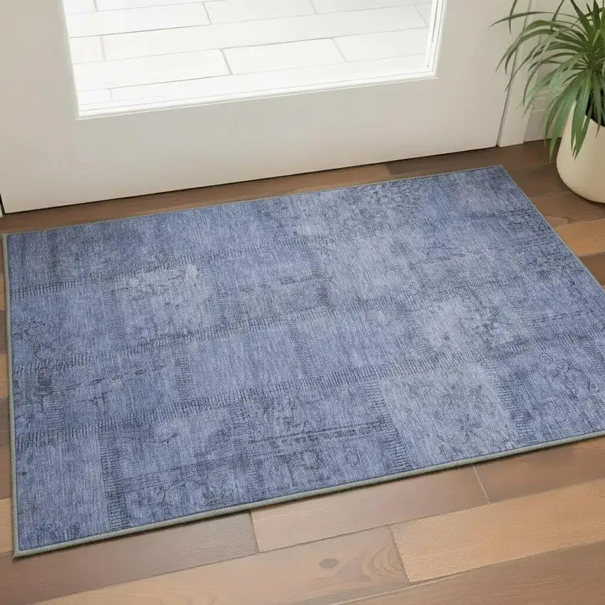 Blue And Gray Patchwork Washable Area Rug With UV Protection Photo 2