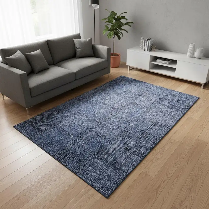 Blue And Gray Patchwork Washable Area Rug With UV Protection Photo 1