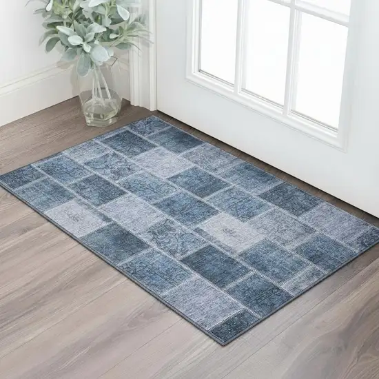 Blue And Gray Patchwork Washable Area Rug With UV Protection Photo 2