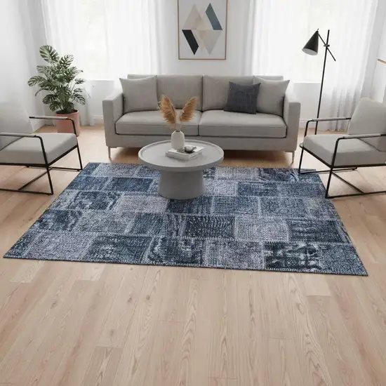 Blue And Gray Patchwork Washable Area Rug With UV Protection Photo 2