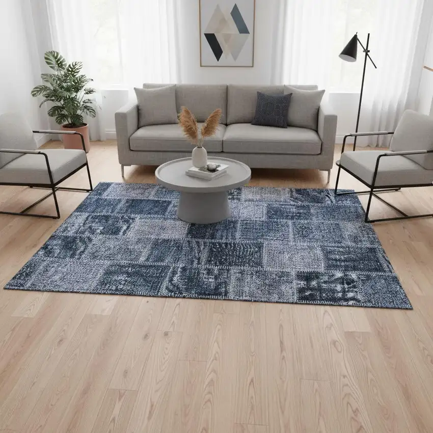 Blue And Gray Patchwork Washable Area Rug With UV Protection Photo 2