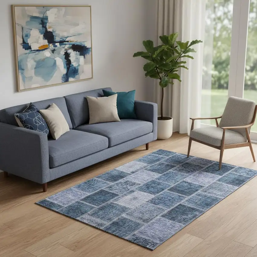 Blue And Gray Patchwork Washable Area Rug With UV Protection Photo 1