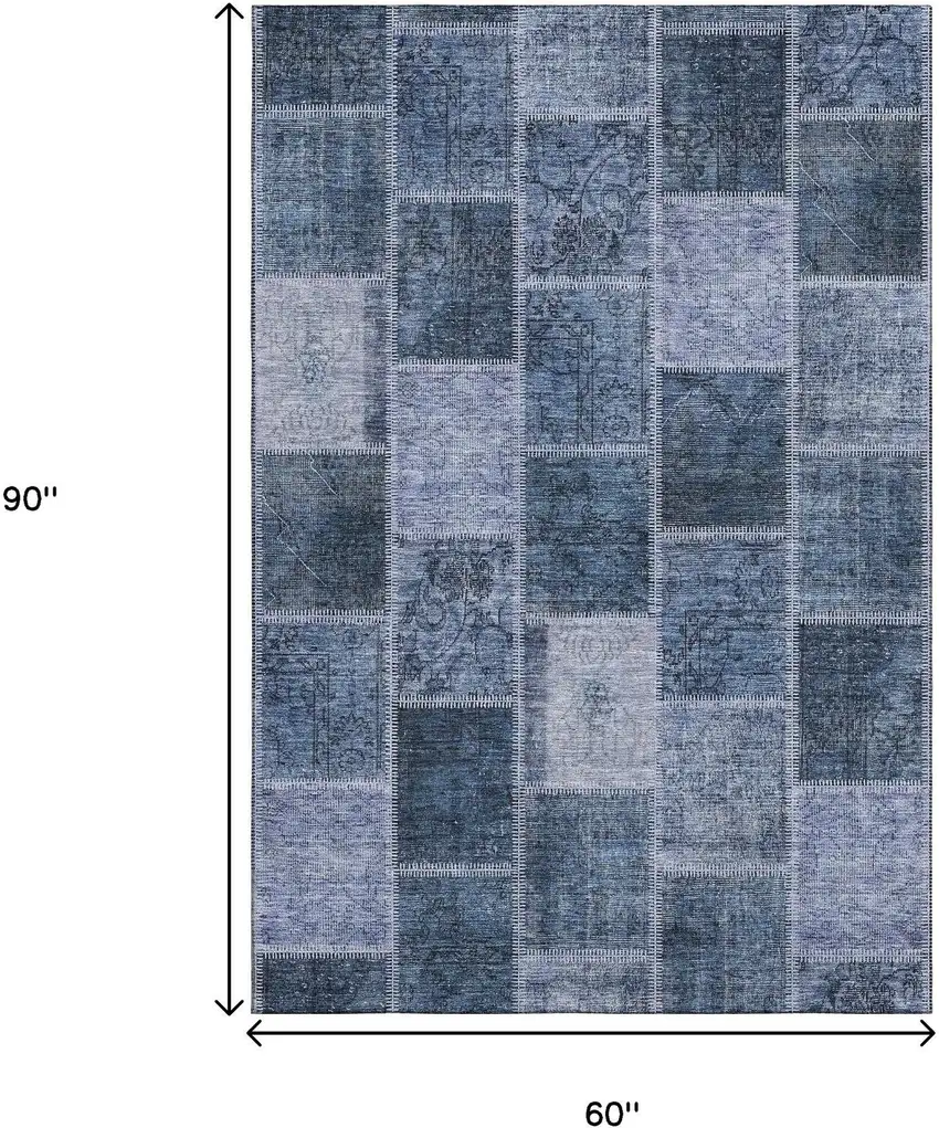 Blue And Gray Patchwork Washable Area Rug With UV Protection Photo 3