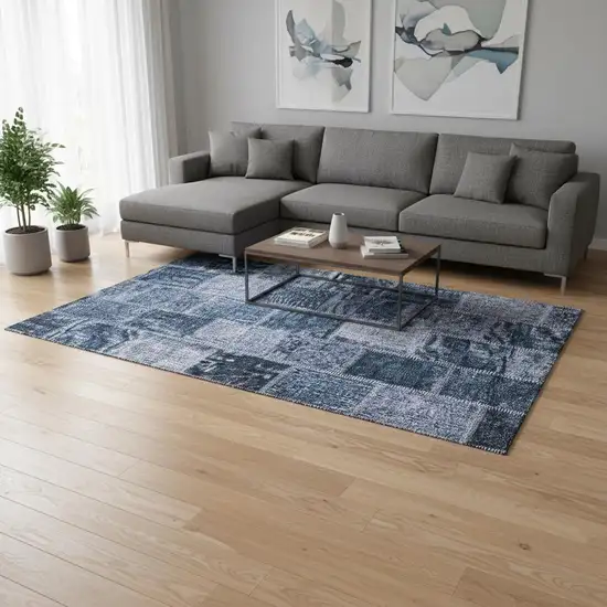 Blue And Gray Patchwork Washable Area Rug With UV Protection Photo 2