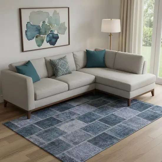 Blue And Gray Patchwork Washable Area Rug With UV Protection Photo 1