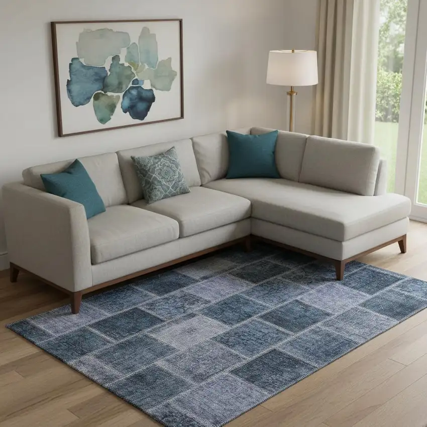 Blue And Gray Patchwork Washable Area Rug With UV Protection Photo 1